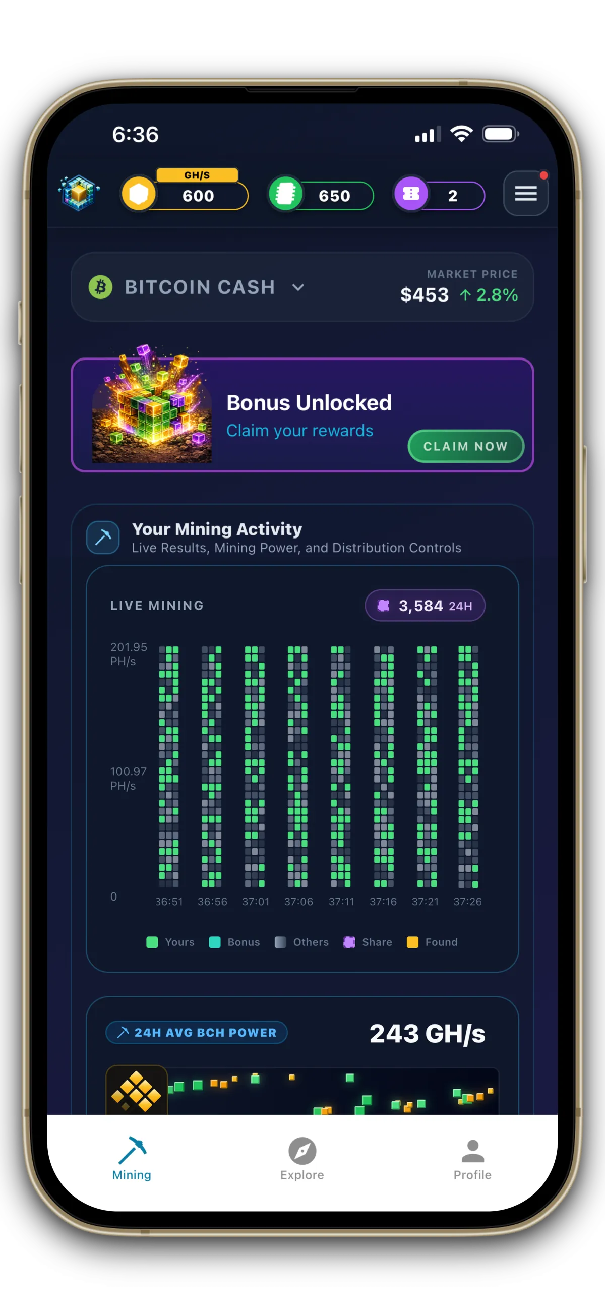 LuqEE app home with live mining activity